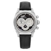 An image of a pre-owned OMEGA men's wristwatch in excellent condition, presented in a front full frontal view. The watch features a round stainless steel case with a gray stainless steel bezel and a black leather band. It has a black dial with stick indexes, a 12-hour dial, and a seconds hand. Additional features include a Chronoscope, date indicator, luminous hands, and a small seconds subdial. The watch is positioned centrally and is shown from a straight-on angle with a close-up distance, allowing clear visibility of the details.