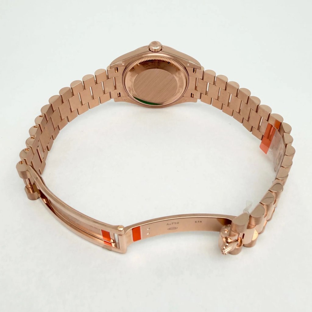 Back View Of Solid Back Case And Open Rose Gold Band Of Rolex 278275 Watch New Condition