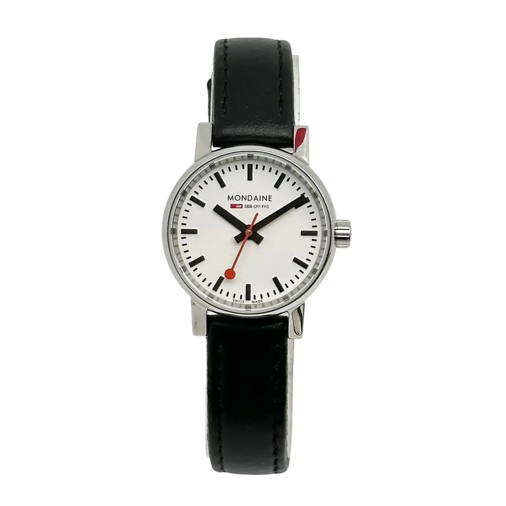 An image of a Wristwatch by Mondaine. This Display Model item is designed for Women, featuring a Casual style. It has a Quartz movement and an Analog display with a White dial color. The indices include 12-Hour Dial,Non-Numeric Hour Marks,Stick Indexes. The band is made of Leather and the case is made of Stainless Steel. The watch has a Round shape with a case size of 26 mm and a case thickness of 7 mm.