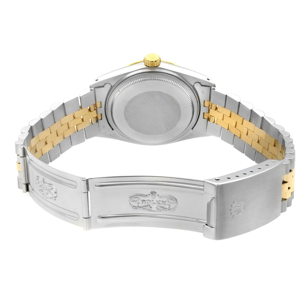 Back View Of Solid Back Case And Open Stainless and Solid Gold Band Of Rolex 16013 Watch Pre Owned Condition