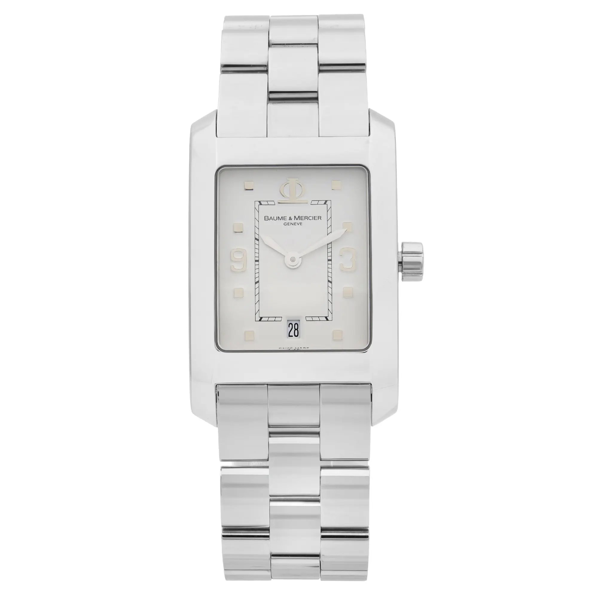 An image of a Wristwatch by Baume & Mercier. This Display Model item is designed for Men, featuring a Dress/Formal style. It has a Quartz movement and an Analog display with a White dial color. The indices include Arabic Numerals, Dots. The band is made of Stainless Steel and the case is made of Stainless Steel. The watch has a Rectangle shape with a case size of 29 mm and a case thickness of 9 mm.