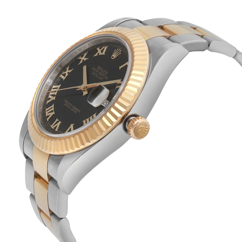 An image of a pre-owned Rolex men's wristwatch in a luxury style, captured from a side profile angle with the crown visible. The watch features a round stainless steel case with a gold bezel and a black dial. The band is made of stainless steel and solid gold. Light signs of wear or scratches are visible on the surfaces. The watch also includes a date indicator feature. The angle provides a clear view of the watch's side, showing its depth and round shape, and is taken from a medium distance to allow for detail observation without distortion.