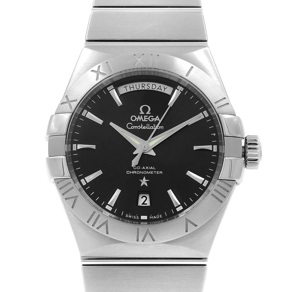 Up Close Front Facing Picture Of OMEGA 123.10.38.22.01.001 Stainless Steel Watch Pre Owned Condition