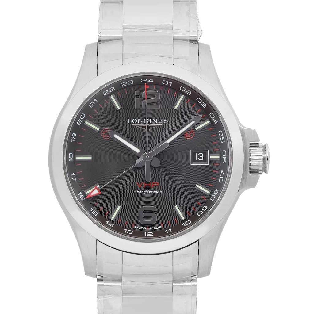 An image of a Wristwatch by Longines. This Display Model item is designed for Men, featuring a Casual style. It has a Quartz movement and an Analog display with a Black dial color. The indices include 12-Hour Dial,Arabic Numerals,Stick Indexes. The band is made of Stainless Steel and the case is made of Stainless Steel. The watch has a Round shape with a case size of 43 mm and a case thickness of 13 mm.