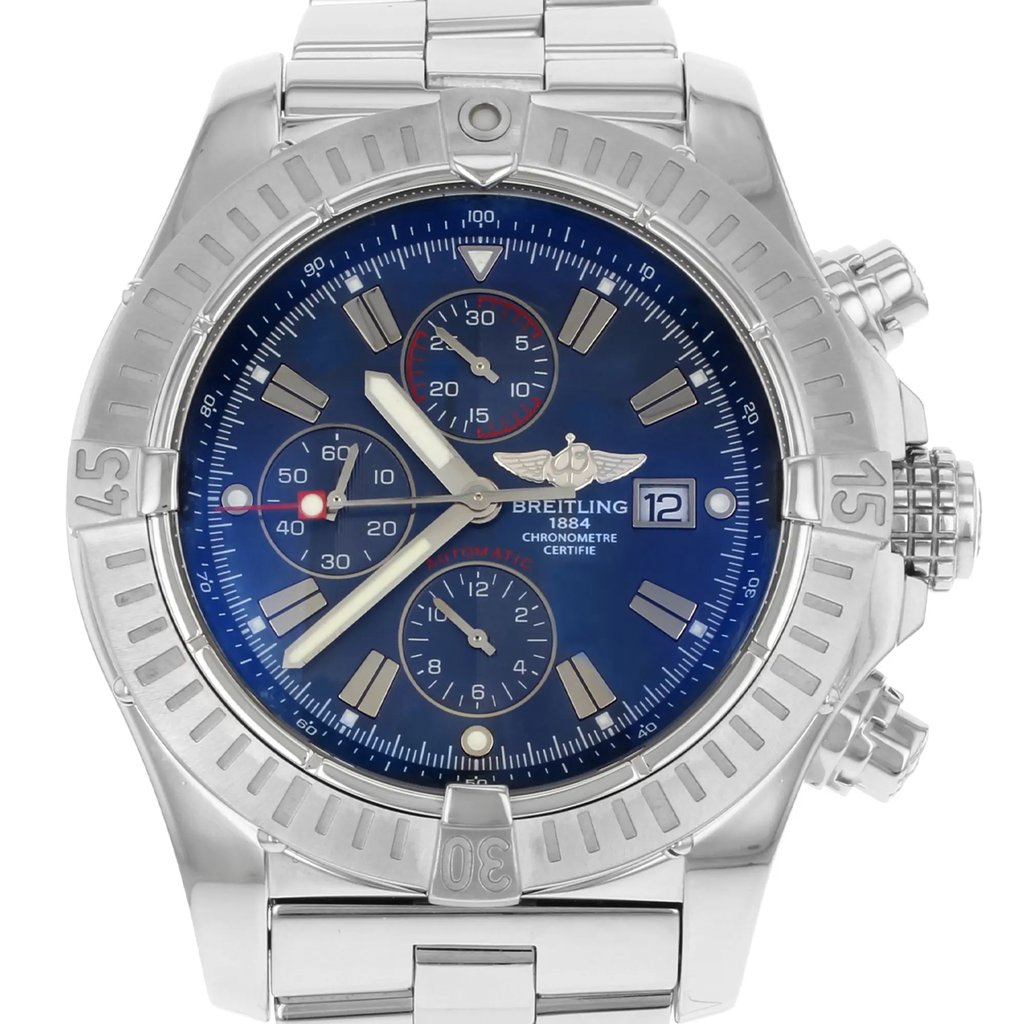 Up Close Front Facing Picture Of Breitling A1337011/C757-SS Stainless Steel Watch Display Model Condition