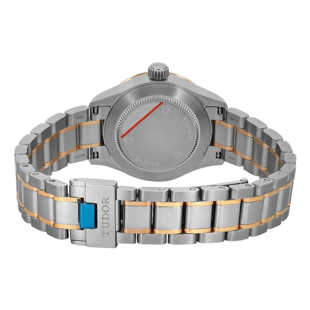Back View Of Screwback Back Case And Closed Stainless Steel,Yellow Gold Band Of TUDOR 12103-0002 Watch Unworn Condition