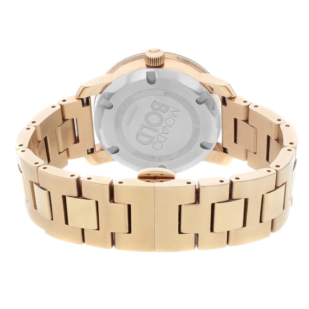 Back View Of Solid Back Case And Closed Stainless Steel Band Of Movado 3600342 Watch Pre Owned Condition