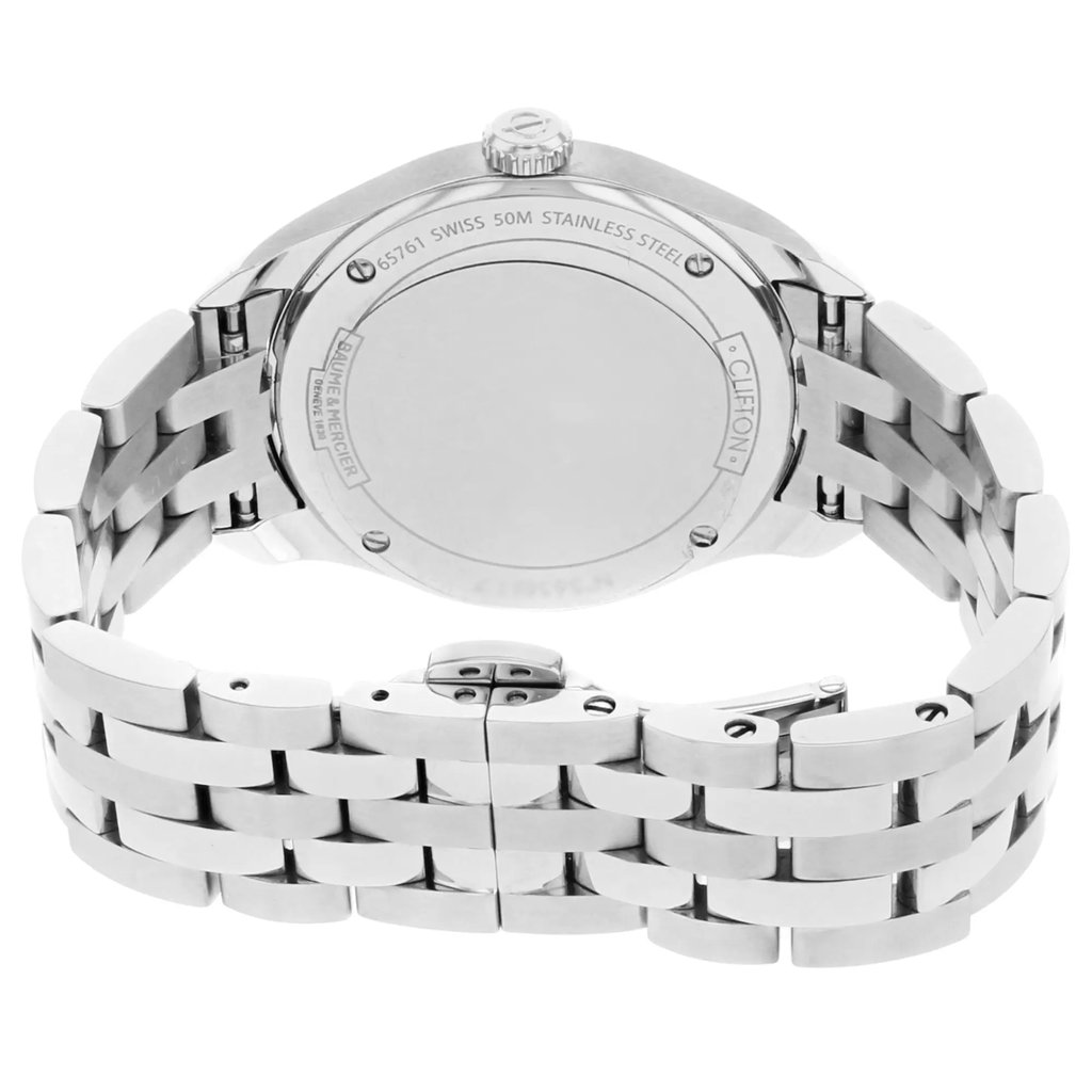 Back View Of Screwback Back Case And Closed Stainless Steel Band Of Baume & Mercier MOA10176 Watch Pre Owned Condition