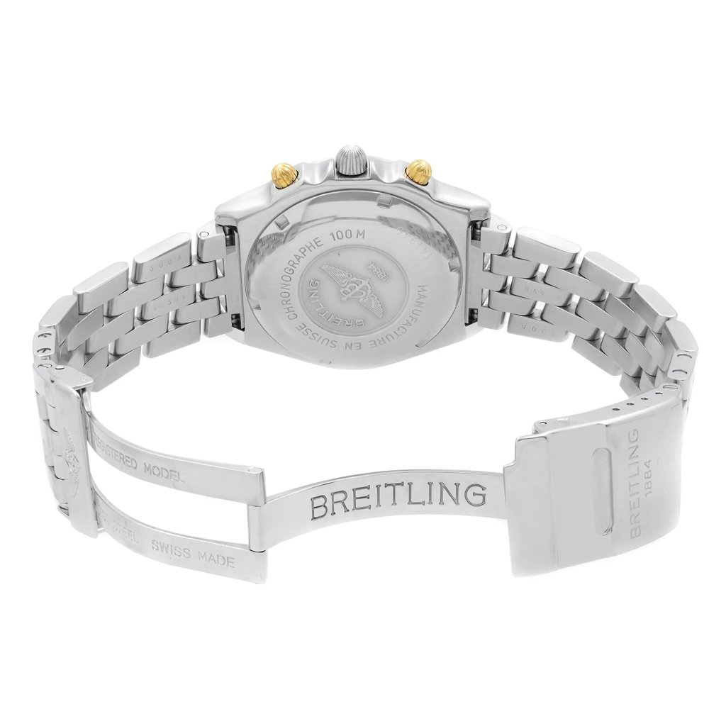 Back View Of Solid Back Case And Open Stainless Steel Band Of Breitling B13050.1 Watch Pre Owned Condition