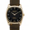 An image of a pre-owned men's Rolex wristwatch, viewed from a straight-on angle at a close distance. The watch features a 18k rose gold case with a black dial and white numerals. The brand name "Rolex" and "Cellini" are prominently displayed on the face. The timepiece is fitted with a brown leather strap.