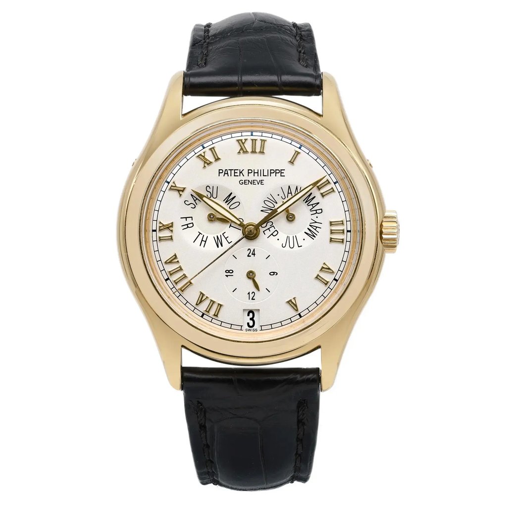 Front Full View Of Patek Philippe 5035J Yellow Gold Watch Pre Owned Condition Good
