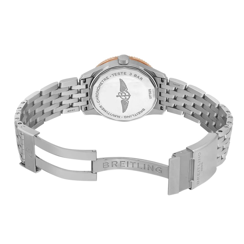 Back View Of Solid Back Case And Open Stainless Steel Band Of Breitling U17325211G1A1 Watch Pre Owned Condition