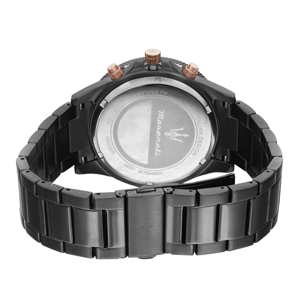 An image of a Wristwatch by Maserati. This Unworn item is designed for Men, featuring a Dress/Formal style. It has a Quartz movement and an Analog display with a Blue dial color. The indices include 12-Hour Dial,Seconds Hand,Stick Indexes. The band is made of Stainless Steel and the case is made of Gunmetal Stainless Steel. The watch has a Round shape with a case size of 44 mm and a case thickness of 12 mm.