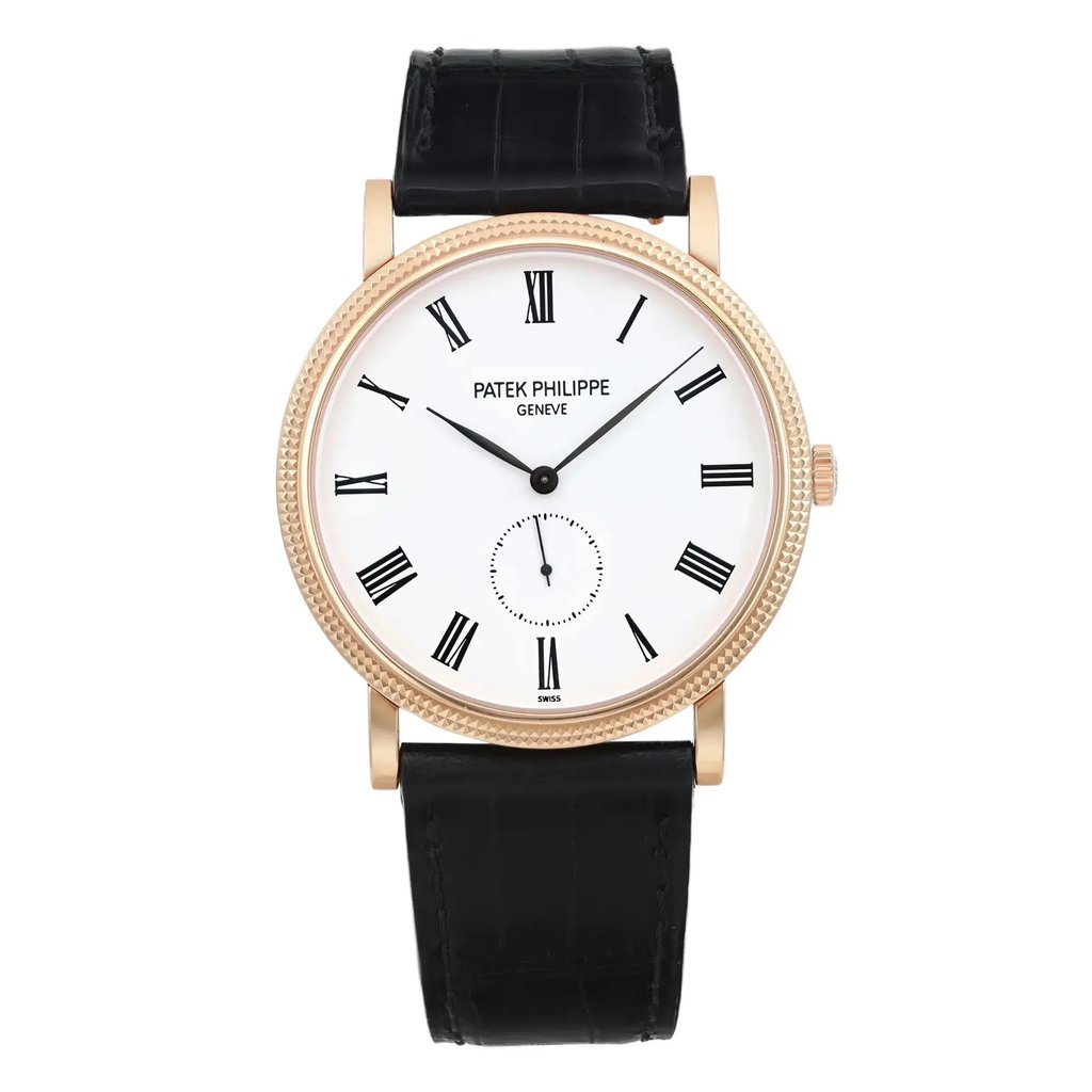 An image of a pre-owned wristwatch taken from a front full frontal view. The watch features a classic design with a white dial, Roman numeral hour markers, and a black leather strap. The gold-tone case adds an elegant touch, and the watch hands and small seconds subdial are clearly visible. The image is captured head-on, with a close-up perspective that highlights the watch's details and craftsmanship.