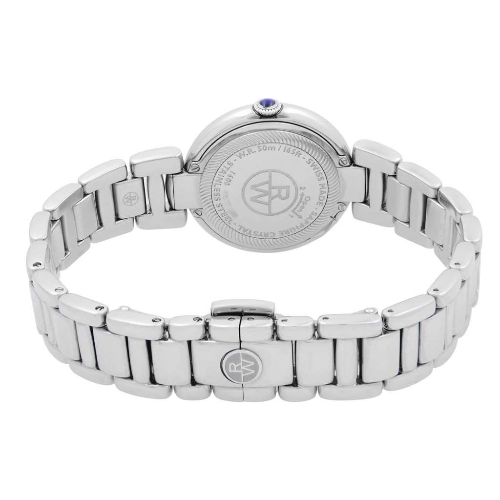 Back View Of Screwback Back Case And Closed Stainless Steel Band Of RAYMOND WEIL 1600-ST-RE695 Watch Unworn Condition