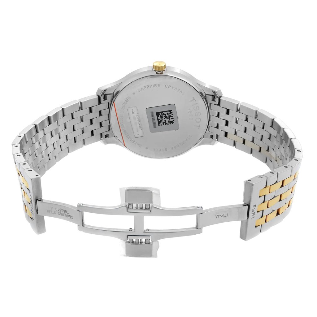 Back View Of Snap Back Case And Open Stainless Steel Band Of Tissot T063.610.22.037.00 Watch Display Model Condition