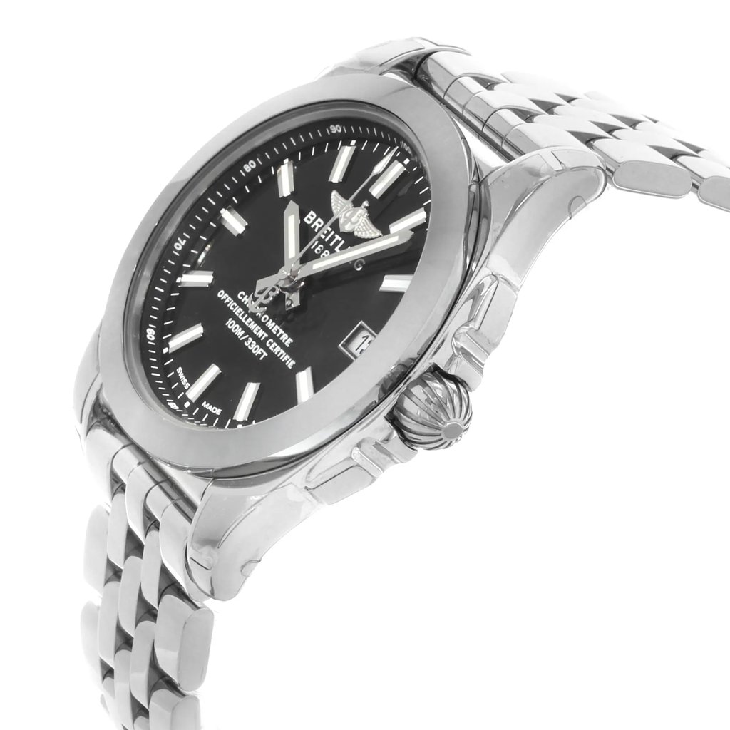 View Of Crown Facing Side Of Breitling W7433012-BE08-376A Stainless Steel Watch Display Model Condition