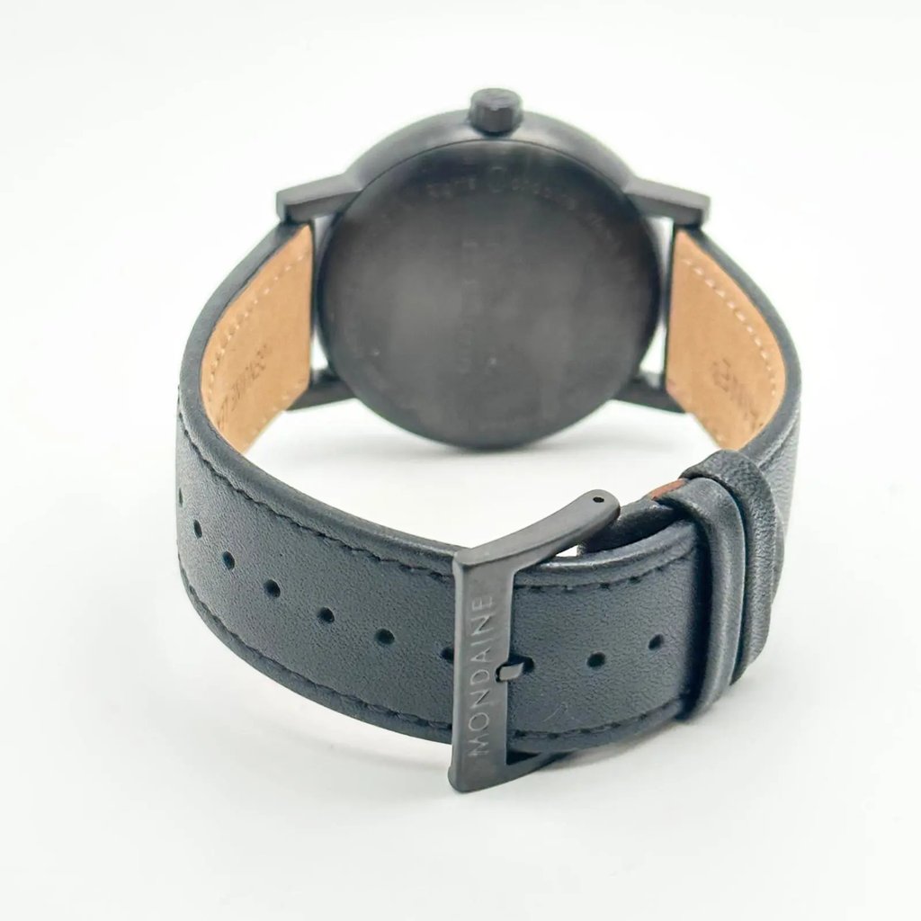 Back View Of Snap Back Case And Closed Leather Band Of Mondaine MSE.40111.LB Watch New With Defects Condition