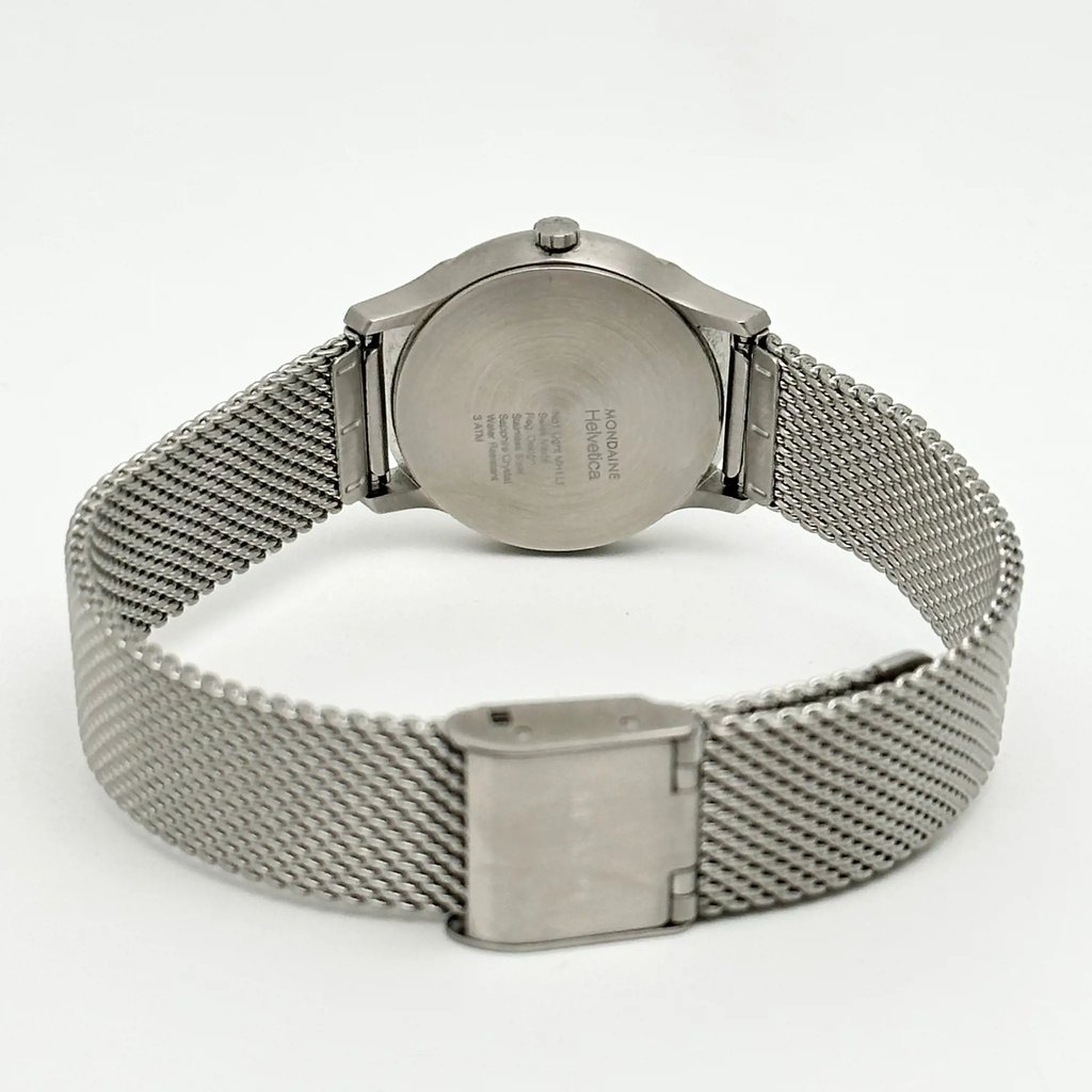 Back View Of Snap Back Case And Closed Stainless Steel Band Of Mondaine MH1.L1110.SM Watch Display Model Condition