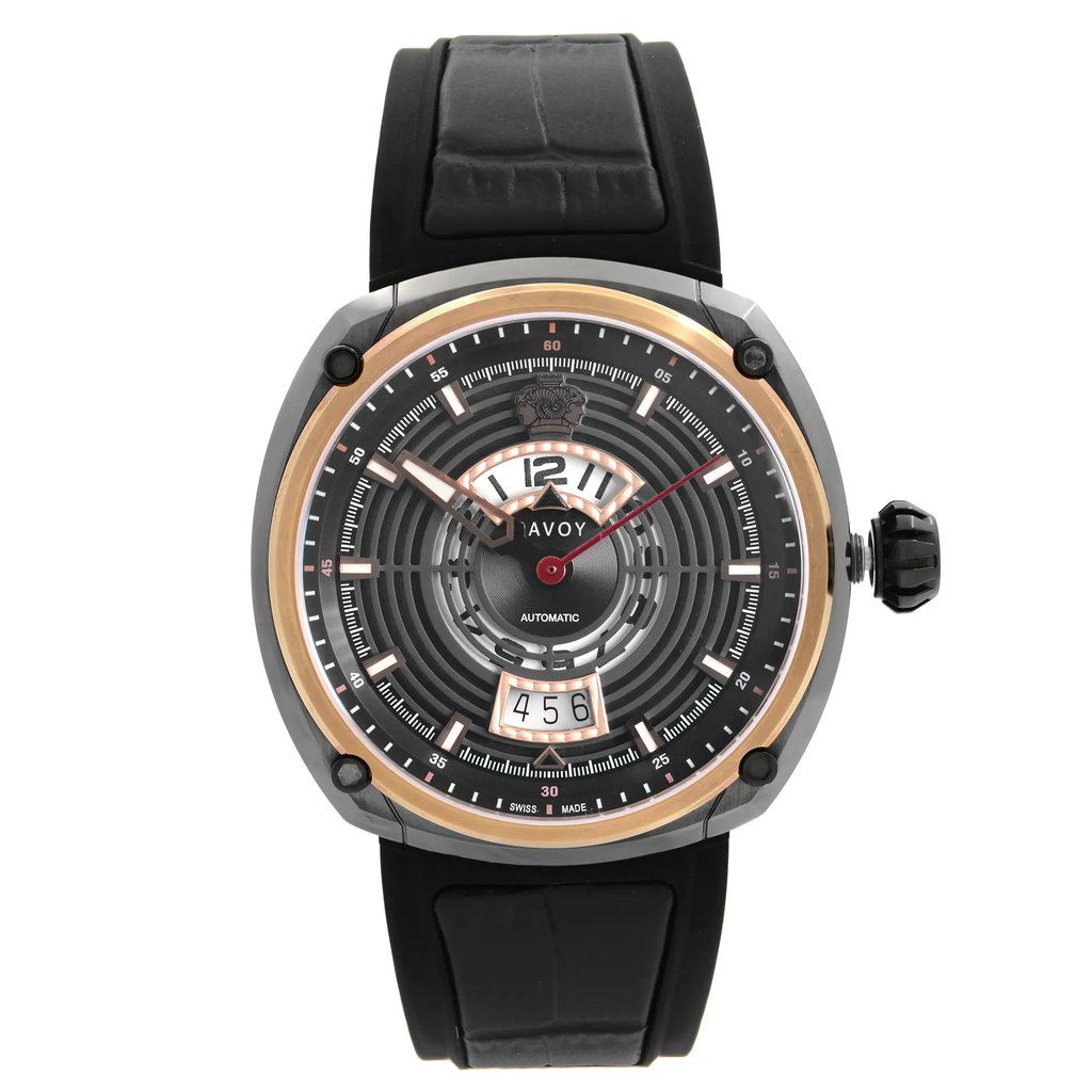 An image of a Wristwatch by Savoy. This Pre Owned item is designed for Men, featuring a Dress/Formal style. It has a Mechanical (Automatic) movement and an Analog display with a Black dial color. The indices include 12-Hour Dial,Stick Indexes. The band is made of Rubber and the case is made of Stainless Steel. The watch has a Round shape with a case size of 44 mm and a case thickness of 14 mm.