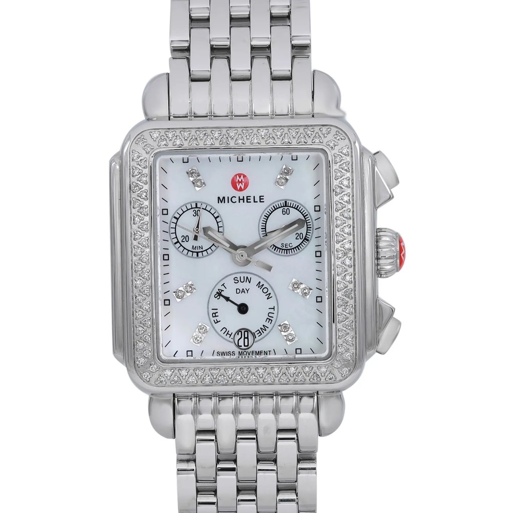 Up Close Front Facing Picture Of MICHELE MW06P01A1046 Stainless Steel Watch Unworn Condition