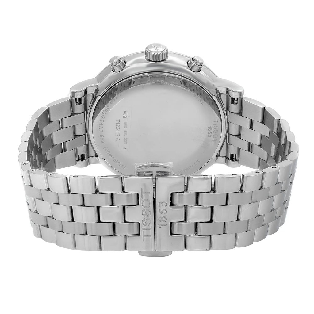 Back View Of Snap Back Case And Closed Stainless Steel Band Of Tissot T122.417.11.011.00 Watch Display Model Condition