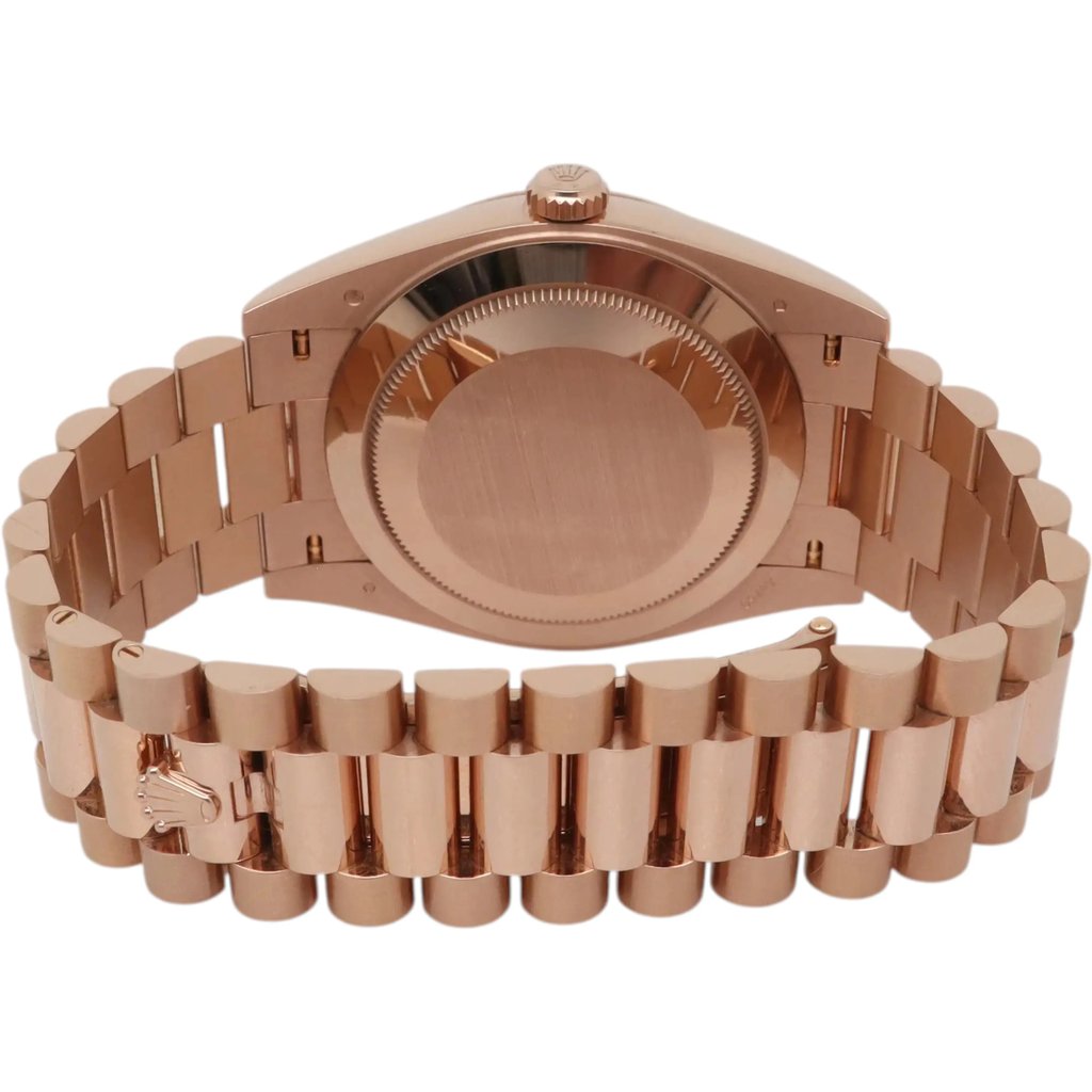 Back View Of Solid Back Case And Closed Rose Gold Band Of Rolex 228235 Watch Pre Owned Condition