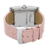 An image of a pre-owned wristwatch viewed from the back, showcasing the close clasp. The watch features a pink leather strap with visible stitching and a rectangular stainless steel case. The brand name is engraved on the case back. The angle provides a clear view of the clasp and the textured strap, photographed at a close distance.