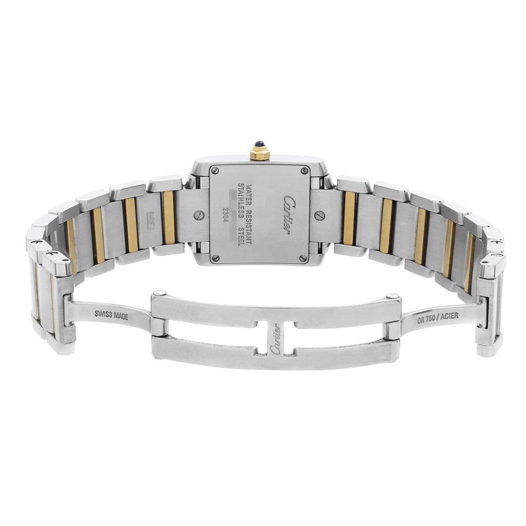 An image of a pre-owned Cartier women's wristwatch, viewed from the back with an open clasp. The watch has a rectangular stainless steel caseback with screwback, a band made of alternating stainless steel and rose gold links, and features a hidden fold clasp. The watch is positioned centrally against a white background.