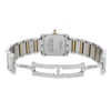 An image of a pre-owned Cartier women's wristwatch, viewed from the back with an open clasp. The watch has a rectangular stainless steel caseback with screwback, a band made of alternating stainless steel and rose gold links, and features a hidden fold clasp. The watch is positioned centrally against a white background.