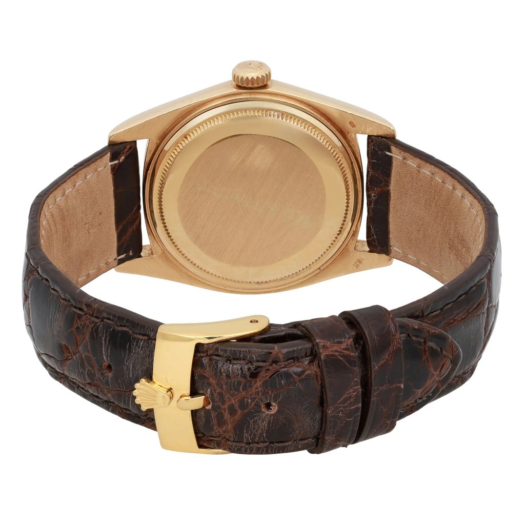 Back View Of Solid Back Case And Closed Leather Band Of Rolex 1601 Watch Pre Owned Condition