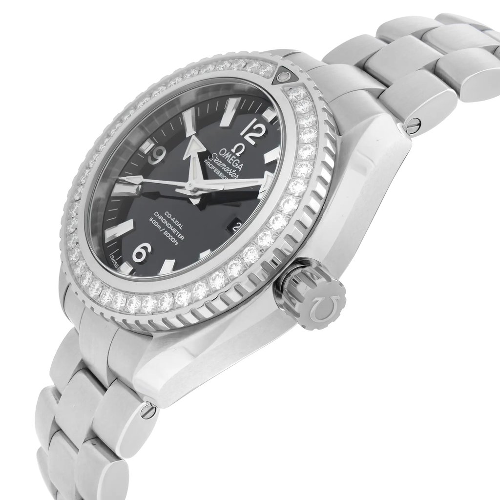 An image of a luxury women's wristwatch in an unworn condition, viewed from the side profile. The watch features a black dial with a steel bezel, both of which are clearly visible from this angle. The stainless steel case and band contribute to its elegant appearance. The crown is prominently displayed. The round watch shape includes features like a date indicator and luminous hands, showcasing its excellent condition.