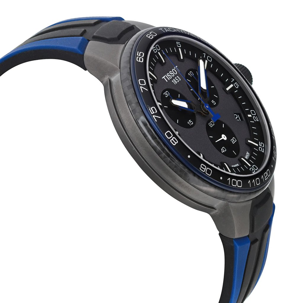 An image of a Wristwatch by Tissot. This Display Model item is designed for Men, featuring a Sport style. It has a Quartz movement and an Analog display with a Black dial color. The indices include 12-Hour Dial,Seconds Hand,Stick Indexes. The band is made of Rubber and the case is made of Stainless Steel. The watch has a Round shape with a case size of 44.5 mm and a case thickness of 12 mm.