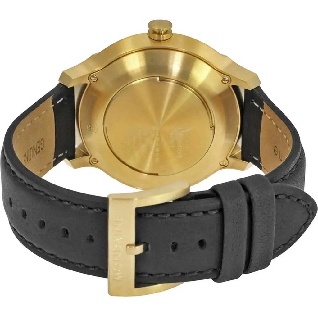 An image of a Wristwatch by Mondaine. This Pre Owned item is designed for Men, featuring a Casual style. It has a Quartz movement and an Analog display with a Black dial color. The indices include 12-Hour Dial,Arabic Numerals,Stick Indexes. The band is made of Leather and the case is made of Stainless Steel. The watch has a Round shape with a case size of 44 mm and a case thickness of 13 mm.