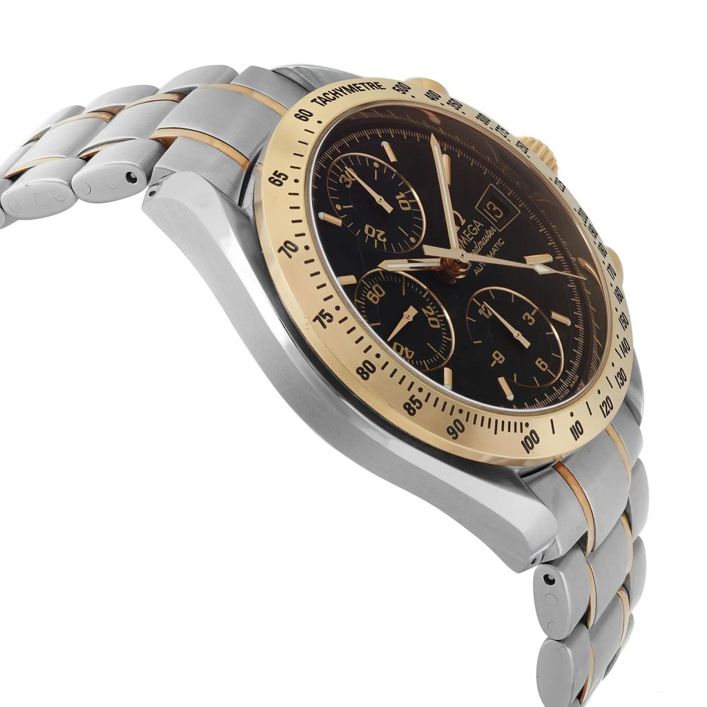 An image of a pre-owned men's OMEGA wristwatch in a side profile view, opposite the crown. The watch features a round black dial with gold bezel. It has a stainless steel case and band, showcasing a casual style. The watch includes chronograph functions, a date indicator, luminous hands, and a small seconds subdial. The watch is in good condition, viewed from a close angle.