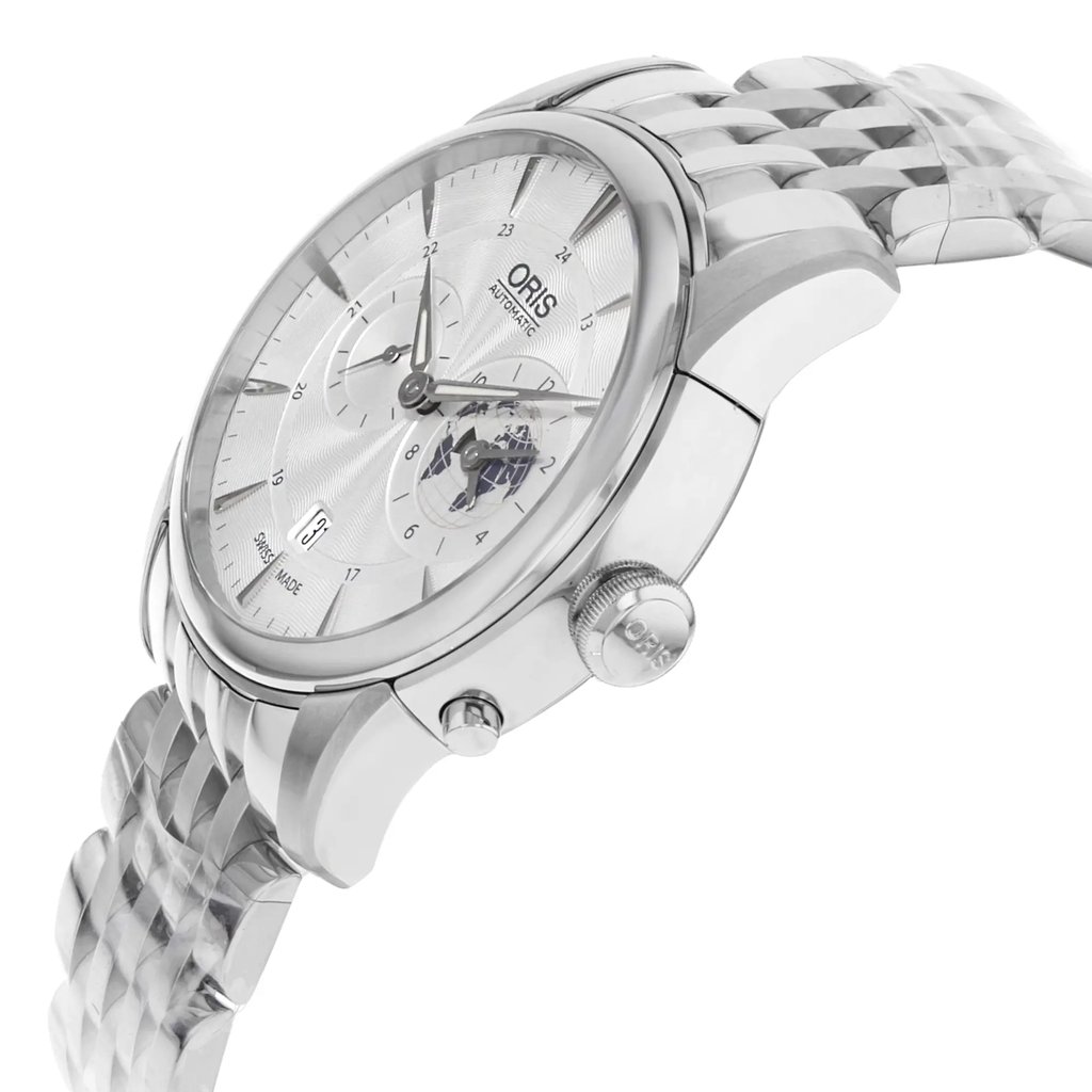 An image of a wristwatch viewed from a side profile angle, highlighting the crown. The watch features a silver-tone metal band and a detailed face with visible dials. The crown is prominently displayed on the right side. The image captures the watch as a display model, showcasing its polished and pristine condition from a close distance.