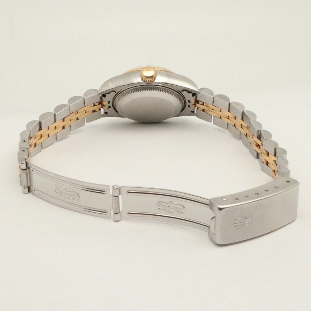 Back View Of Screwback Back Case And Open Stainless Steel,Yellow Gold Band Of Rolex 79173 Watch Pre Owned Condition
