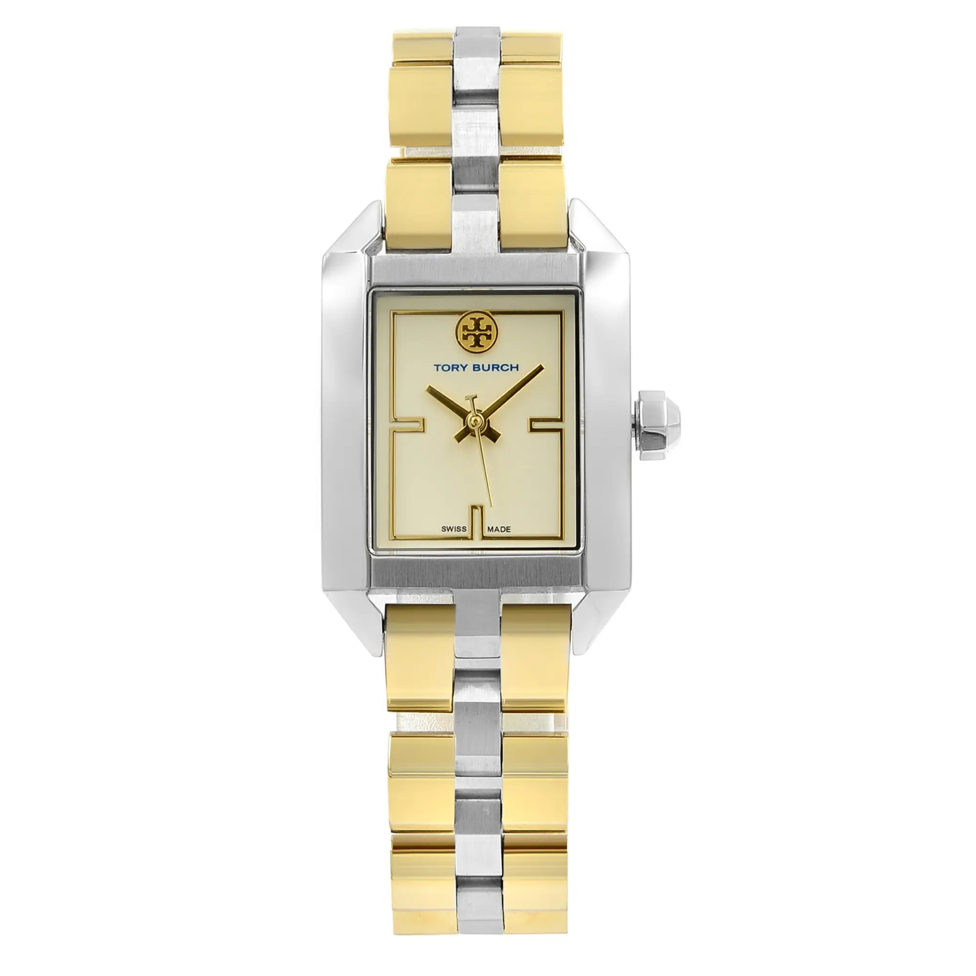An image of a Wristwatch by Tory Burch. This Pre Owned item is designed for Women, featuring a Classic style. It has a Quartz movement and an Analog display with a Cream dial color. The indices include Unspecified. The band is made of Stainless Steel and the case is made of Stainless Steel. The watch has a Rectangle shape with a case size of 23 mm and a case thickness of 8 mm.