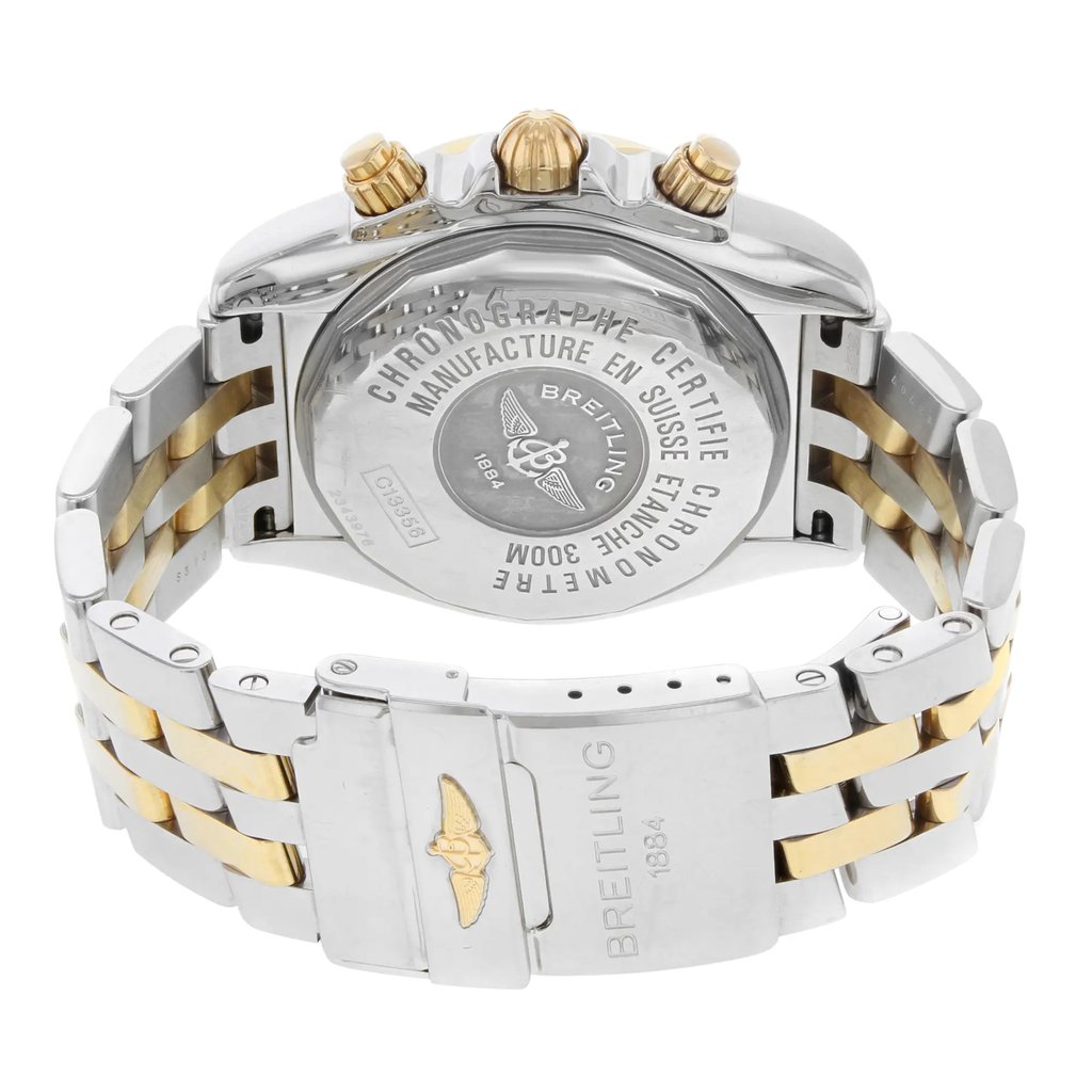 Back View Of {Caseback} Back Case And Closed Stainless and Solid Gold Band Of Breitling C13356 Watch Pre Owned Condition