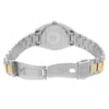 An image of a pre-owned Bulova women's wristwatch, viewed from the back showcasing the solid caseback and stainless steel band. The watch features a tonneau/barrel shape and a two-tone fold-over clasp with double push-button in an open position. The band exhibits alternating silver and gold colors with the clasp prominently displayed in the foreground. The watch is photographed from a top-down angle at a close distance, allowing clear visibility of the watch's design and condition.