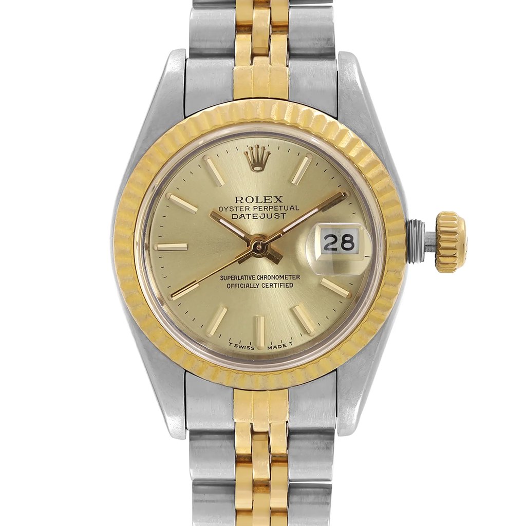 Up Close Front Facing Picture Of Rolex 69173 Stainless Steel Watch Pre Owned Condition