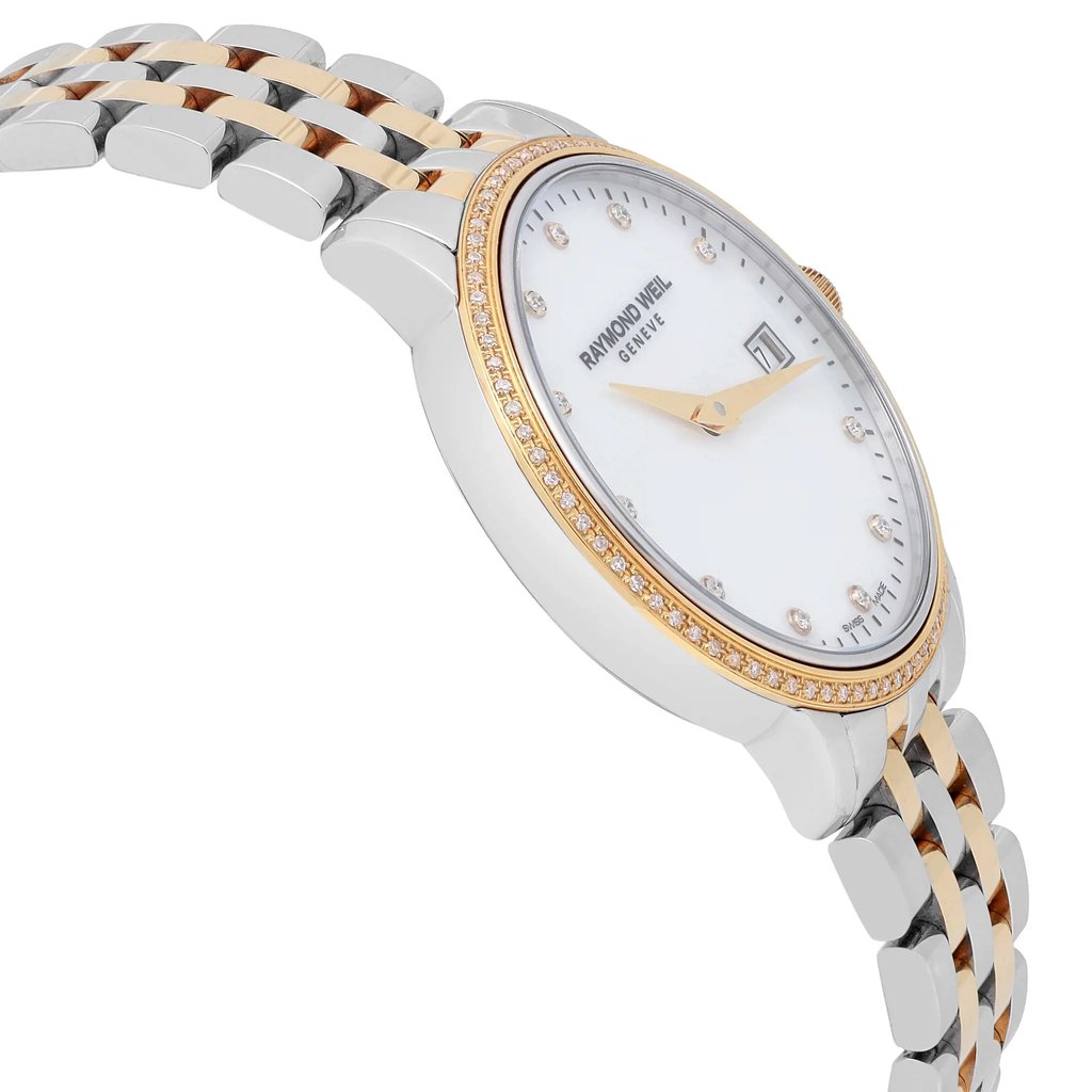 An image of a Wristwatch by RAYMOND WEIL. This Pre Owned item is designed for Women, featuring a Dress/Formal style. It has a Quartz movement and an Analog display with a White dial color. The indices include 12-Hour Dial,Diamond Markers. The band is made of Stainless Steel and the case is made of Stainless Steel. The watch has a Round shape with a case size of 28 mm and a case thickness of 7 mm.