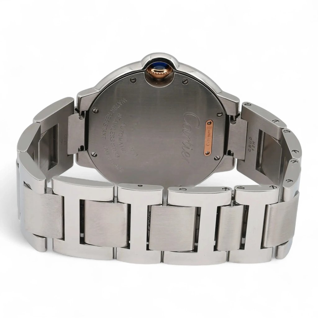 Back View Of Screwback Back Case And Closed Stainless Steel Band Of Cartier WE902081 Watch Pre Owned Condition