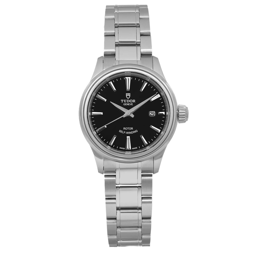 An image of an unworn wristwatch taken from a front full frontal view. The watch features a sleek stainless steel bracelet and a black dial with silver hour markers and hands. It is positioned upright, centered in the frame, and captured at a close distance to highlight its details. The date window is visible on the right side of the dial.