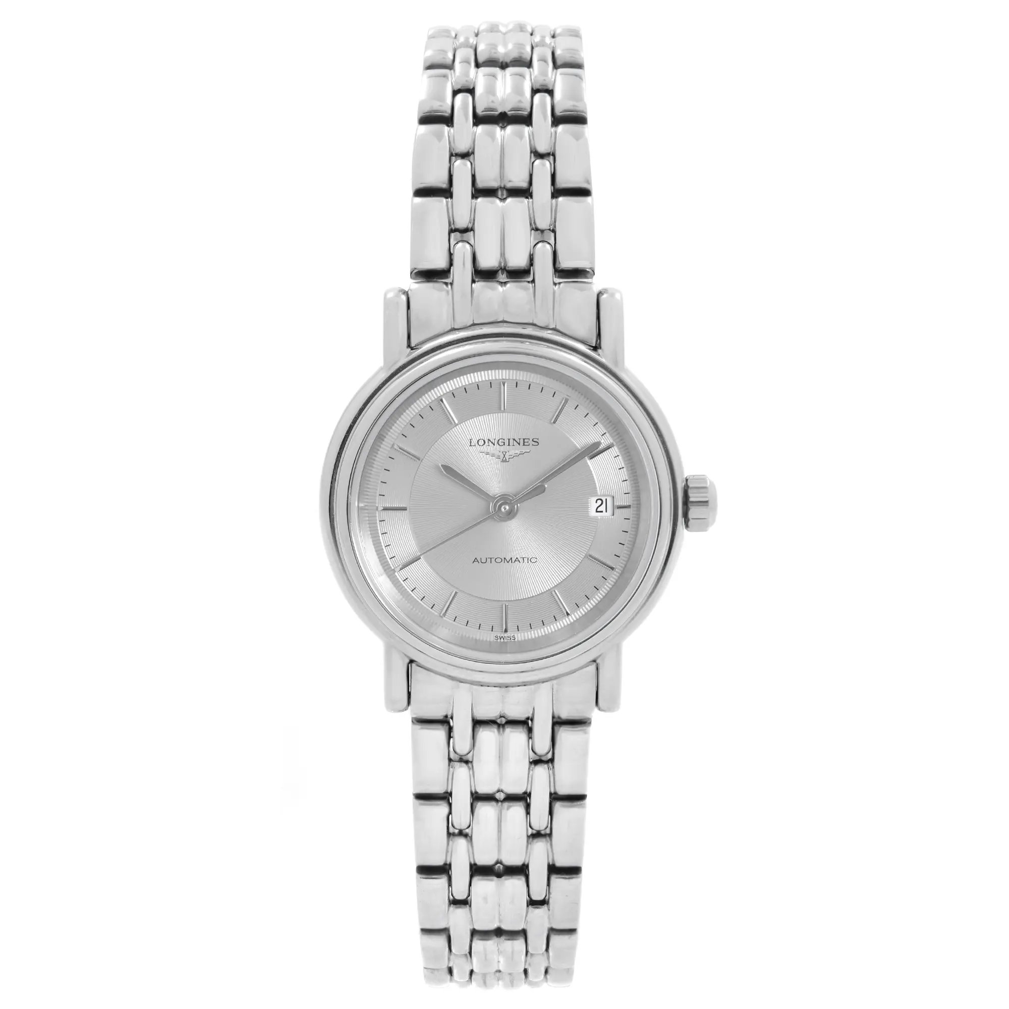 An image of a Wristwatch by Longines. This Display Model item is designed for Men, featuring a Dress/Formal style. It has a Mechanical (Automatic) movement and an Analog display with a Silver dial color. The indices include Non-Numeric Hour Marks,Stick Indexes. The band is made of Stainless Steel and the case is made of Stainless Steel. The watch has a Round shape with a case size of 25.5 mm and a case thickness of 8.5 mm.