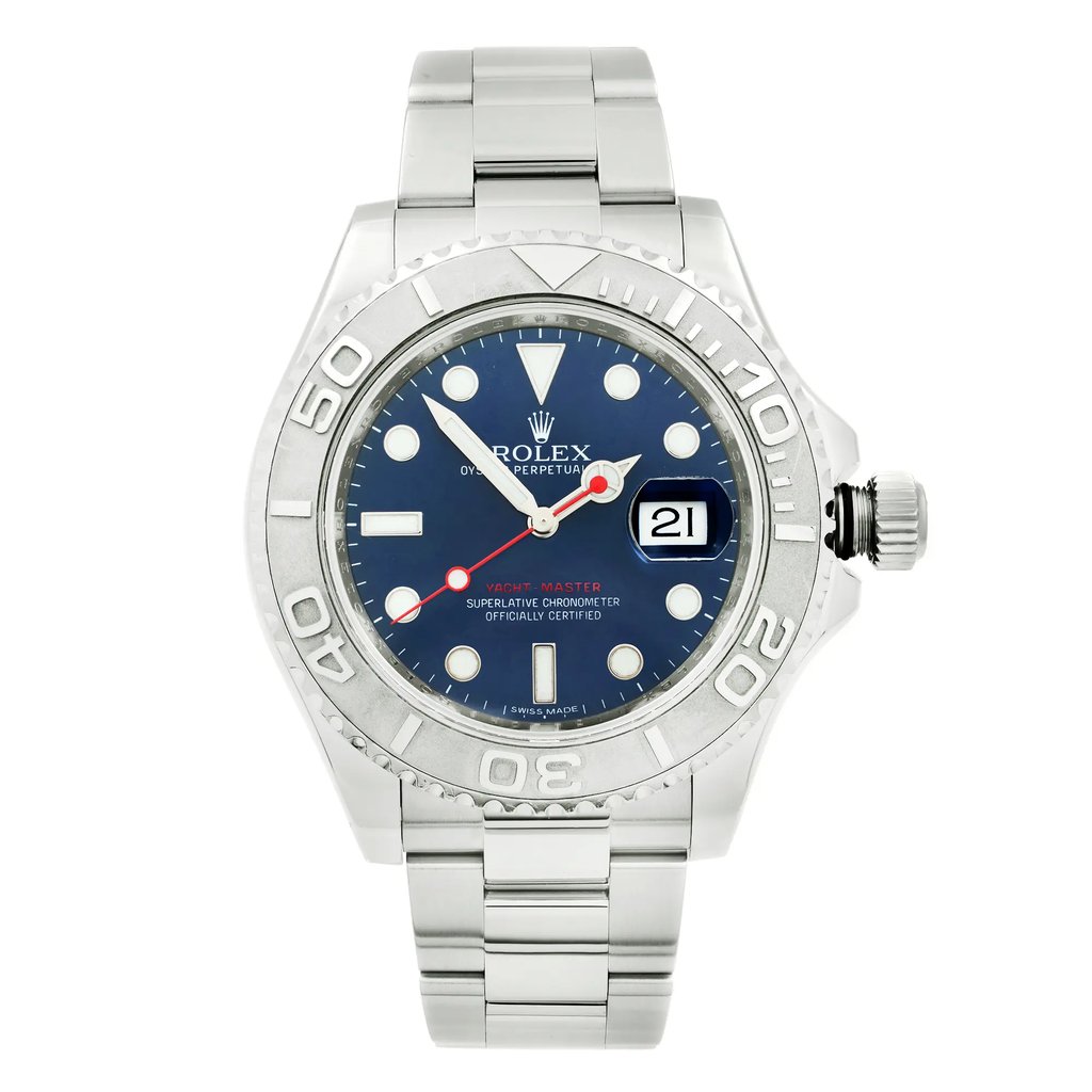 An image of a Wristwatch by Rolex. This Pre Owned item is designed for Men, featuring a Dress/Formal,Luxury style. It has a Mechanical (Automatic) movement and an Analog display with a Blue dial color. The indices include 12-Hour Dial,Non-Numeric Hour Marks. The band is made of Stainless Steel and the case is made of Stainless Steel. The watch has a Round shape with a case size of 40 mm and a case thickness of 11.5 mm.