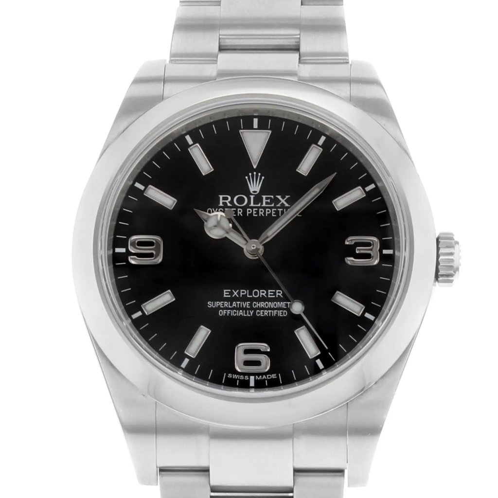 Up Close Front Facing Picture Of Rolex 214270 Stainless Steel Watch Pre Owned Condition