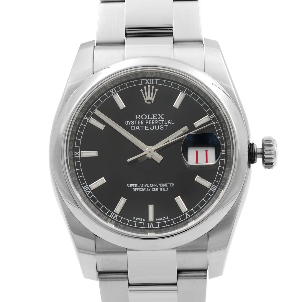 An image of a pre-owned wristwatch taken from a front close-up angle, showcasing the watch face. The watch features a black dial with silver hour markers and hands. A date window is visible on the right side. The stainless steel case and bracelet are prominently displayed, emphasizing the watch's polished finish.