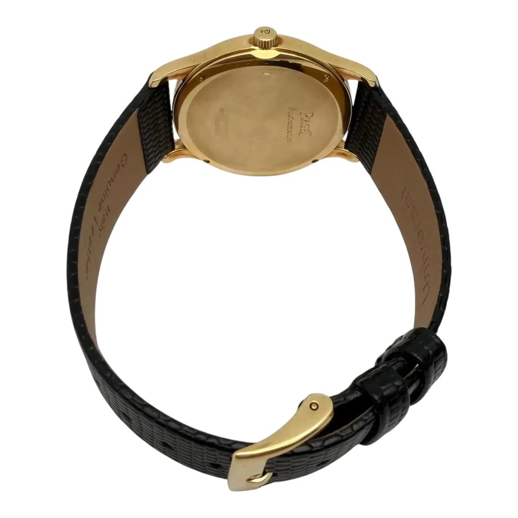 Back View Of Screwback Back Case And Closed Leather Band Of Piaget 24001 M501D Watch Pre Owned Condition