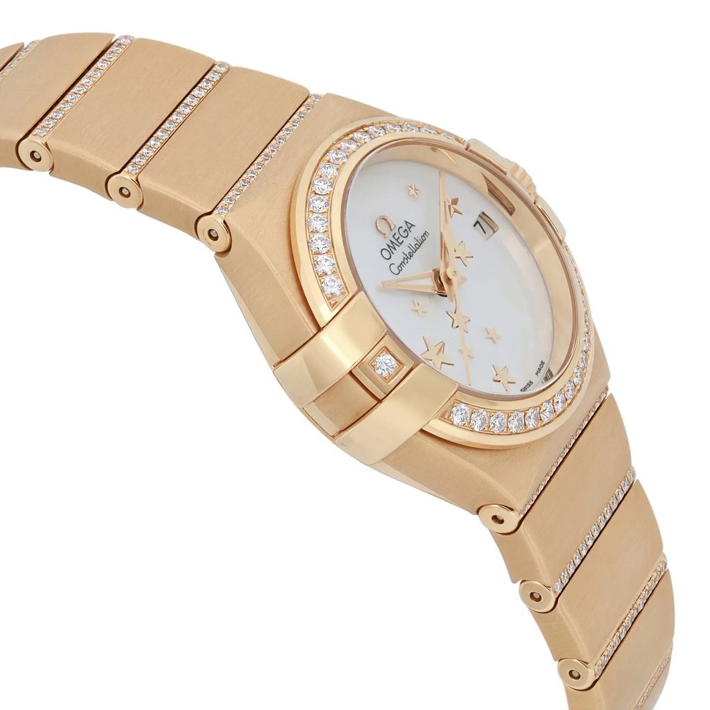 View Of Opposite Crown Facing Side Of OMEGA 123.55.27.20.05.002 Yellow Gold Watch Display Model Condition